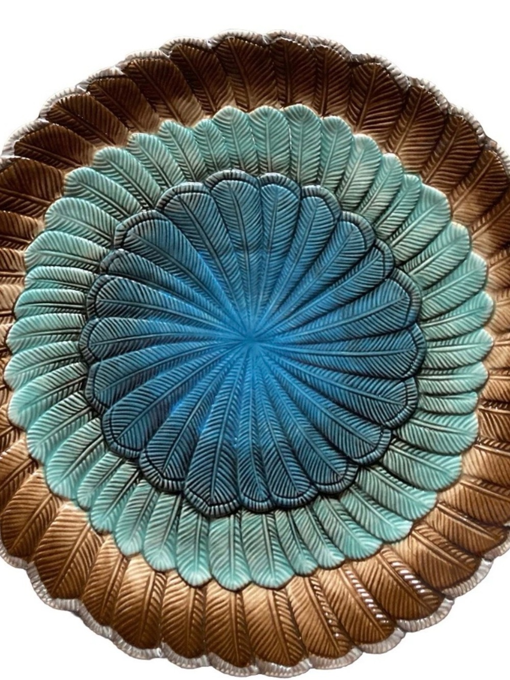 Decorative Leaf-Pattern Ceramic Platter in Teal and Bronze